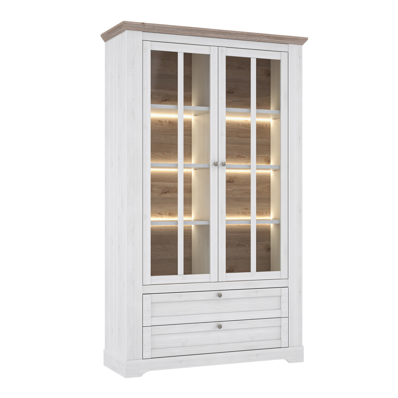 Tall Display Cabinet with Glass Doors & LED Lights - Snowy Oak & Oak Nelson
