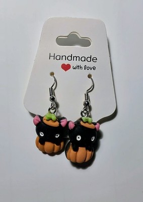 Handcrafted Halloween Cat Pumpkin Dangle Hook Earrings Silver