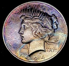 1924 Crescent Toning PURPLE Peace Dollar Some Rainbow Nice Colors !