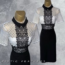 ZARA Midi Dress Size 8 Black White Crochet Collared Pencil Party Evening Classy