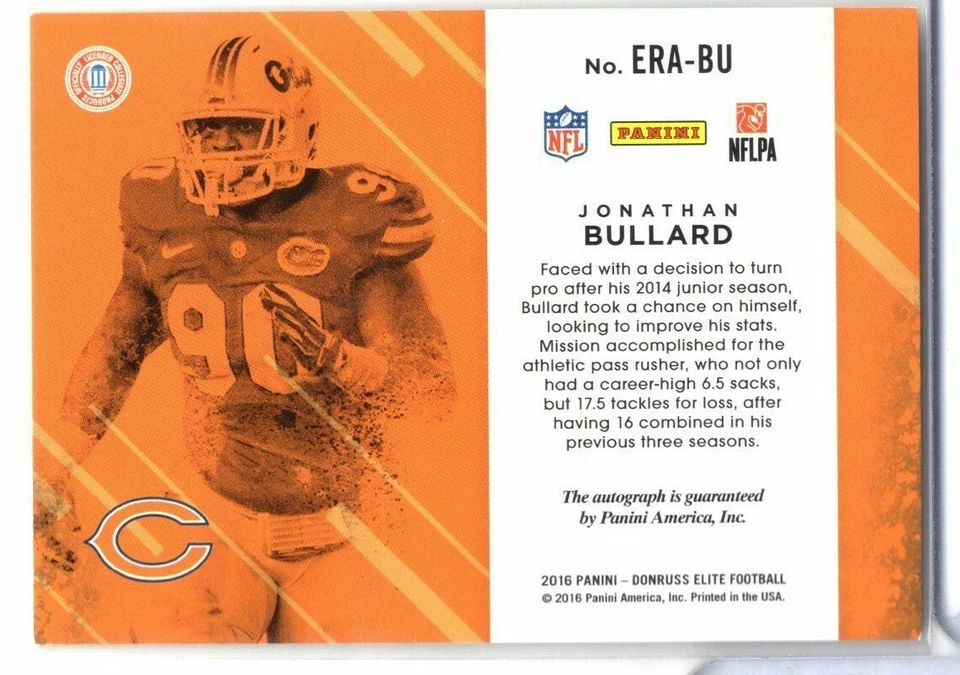 Jonathan Bullard Bears RC Auto 2017 GREEN Panini Donruss Elite 042321ATCD24 - Image 2 of 2