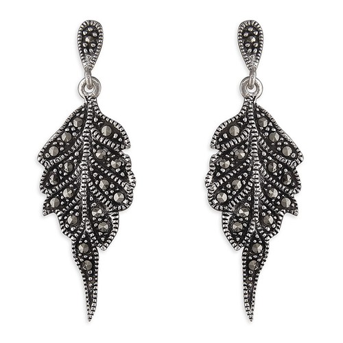Marcasite Leaf Drop Earrings Solid Sterling Silver 925 Hallmark - Picture 3 of 3