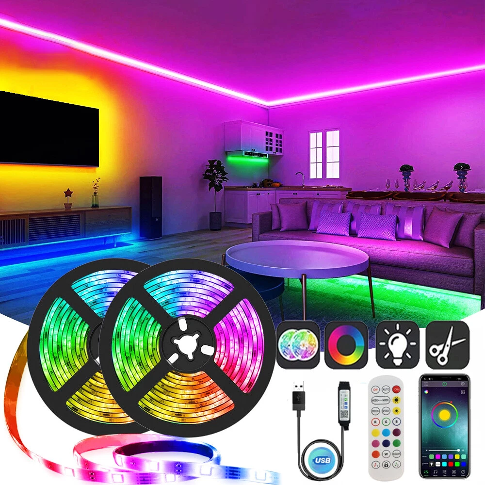 USB 5050 LED Light Strips 32.8ft, 16 Million Colors Changing, Built-In Mic Music Mode, Smart Circuit Protection Lights Strip with 3 Controller options