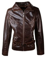 Ladies Women Real Leather Biker Style Rock Belted Vintage Brown Jacket