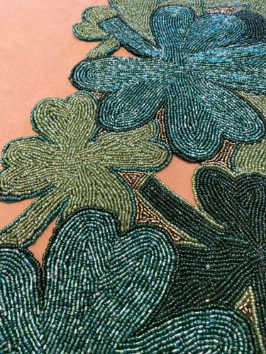 Handmade Beaded Shamrock Table Runner Greens & Gold St Patricks Day Vintage - Picture 9 of 11