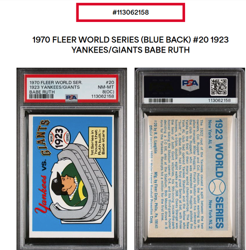Fleer World Series 1970 (espalda azul) 20 1923 Yankees/Gigantes Babe Ruth PSA 8 casi nuevo-como nuevo - Imagen 4 de 4
