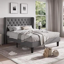 Full Size Bed Frame with Diamond Button Tufted Wingback Headboard,Light Grey