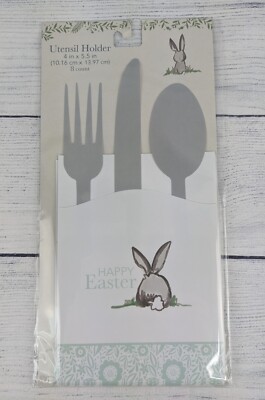 Paper Utensil Holder Pouch Party Lunch White Green 8ct Floral Happy Easter Bunny