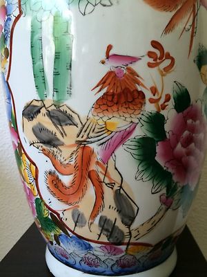 Vase Chinois Ancien (ou de Style Ancien) Famille Rose - Pivoines & Oiseaux - Trou pour Lampe (20) - Décoration