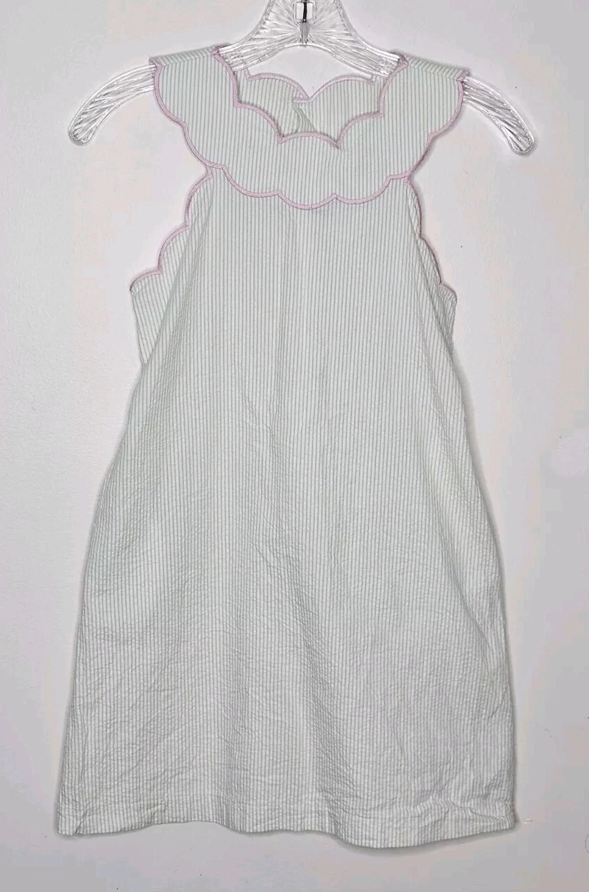 Gabby Girls green pinstripped scalloped edge 100% cotton sleeveless dress