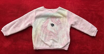 H&M Toddler Girl's Long Sleeve Unicorn Face Print Pullover Pink Sweatshirt  Sz:5T