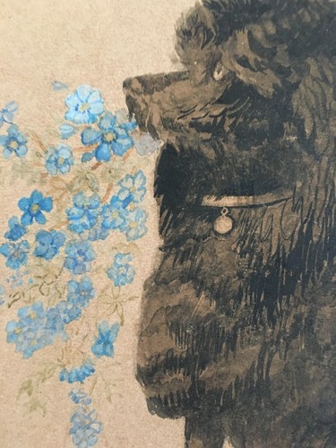 Aquarelle XIXe Belle époque Petit chien Caniche aux fleurs Art Nouveau - Photo 4/10
