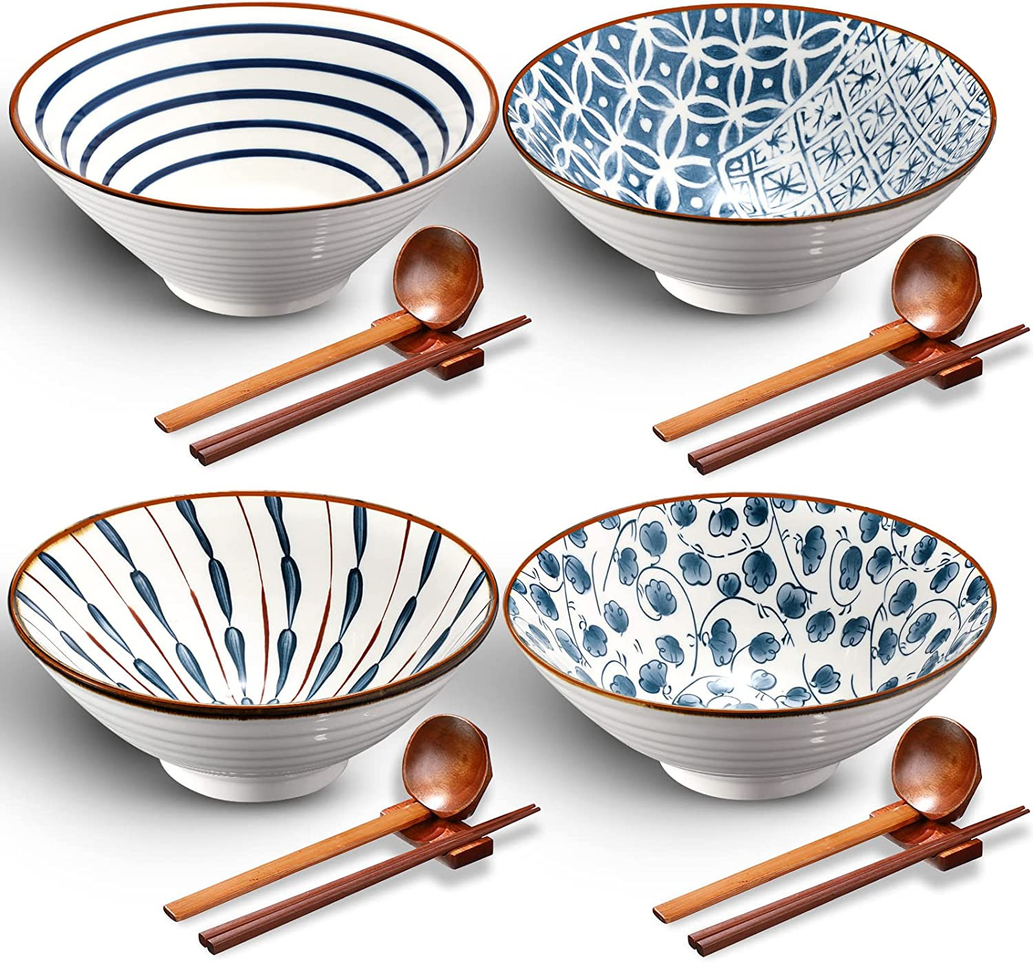 Ceramic Ramen Bowl Set of 4 40 Ounce Japanese Large Ramen Bowls with Chopsticks