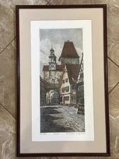 Ernst Geissendorfer Markusturm Rothenburg Germany Etching Print Signed Framed 