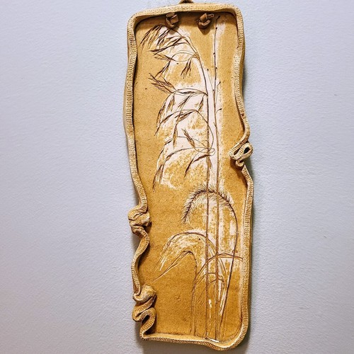 Autumn Grasses Pottery Wall Hanging, Mindscape Exhibit 1978 IL, Artist Signed Ol