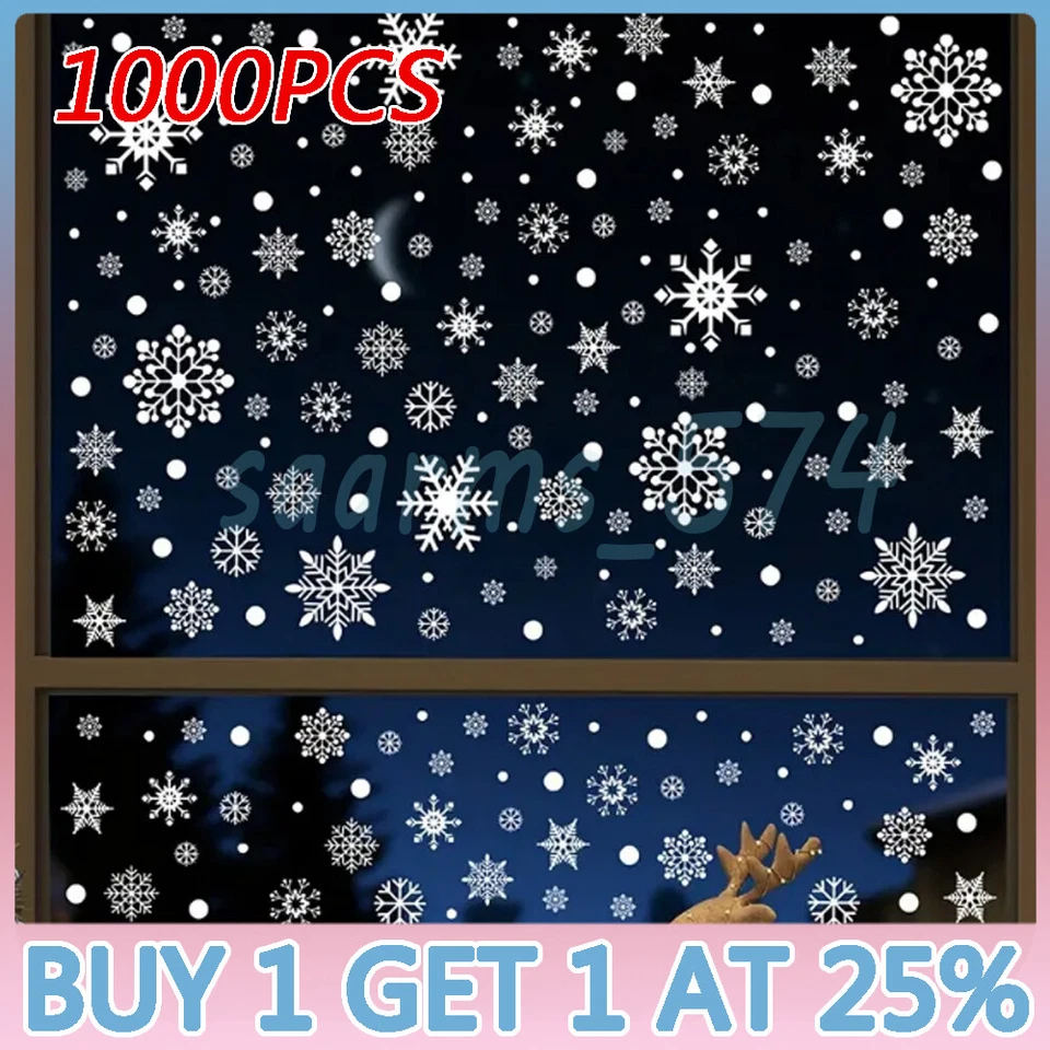 1000 Reusable Christmas Window Snowflakes Stickers Clings Decal Xmas Store Decor
