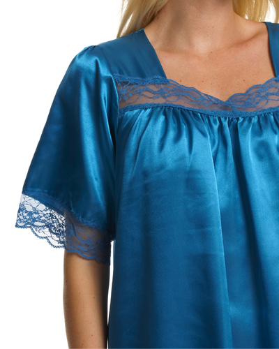 Suzy & Me Ladies Short Sleeved Lace Trim Satin Nightdress - Picture 20 of 26