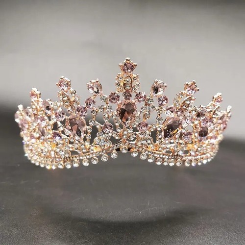Rose Gold Tiara and Crown for Women Crystal Queen Crowns Rhinestone Pink - Picture 4 of 4