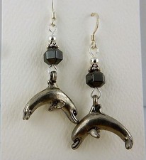 Pewter Leaping Dolphin Earrings with Hematite gemstone beads