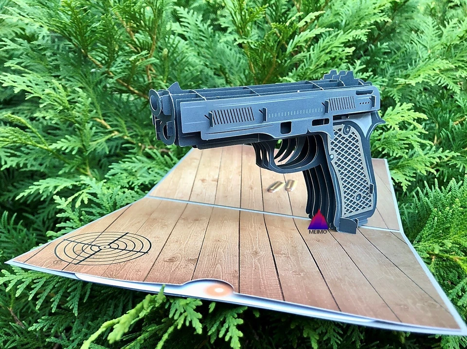 Tarjeta de felicitación emergente 3D pistola pistola hecha a mano cumpleaños deportes fiesta regalo Foto 2 de 4