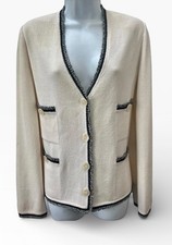 St. John Collection Santana Knit Cardigan Jacket 10 Ivory Black Eyelash Trim
