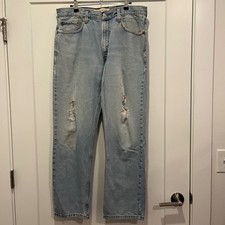 Levis 505 Regular Fit Jeans Mens 35x30 Light Wash Distressed Denim 100% Cotton