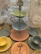NOW MORE! Taylor Smith Taylor LuRay Pastel 3 Tier Tray 2 Cups  & Saucers 2 Bowls