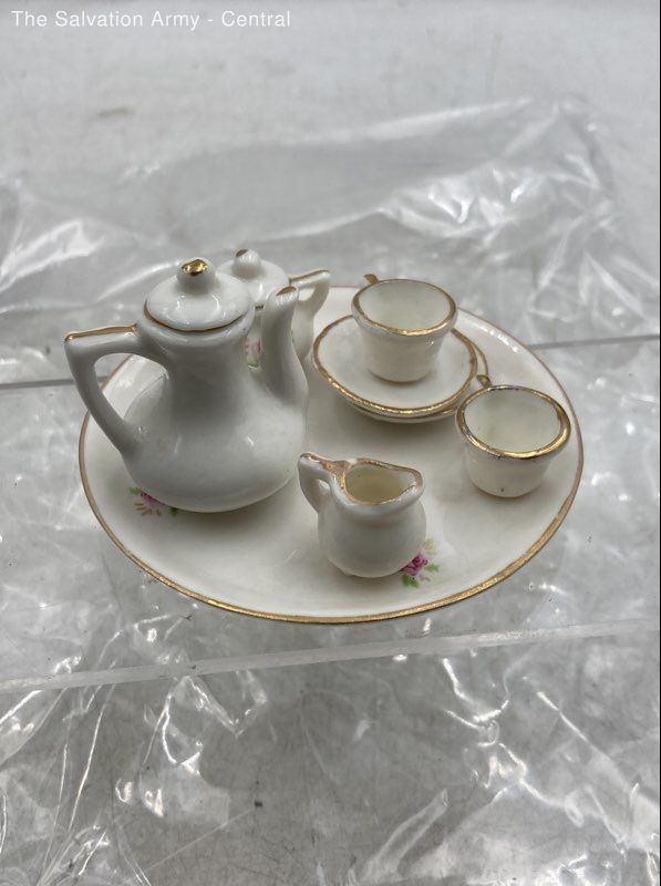 White Floral Porcelain Toy Child Miniature Mini Coffee Tea Set Of 7