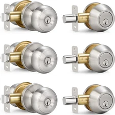 3 Sets Entry Door Knob and Single Cylinder Deadbolt Combo Keyed Alike Round Ball