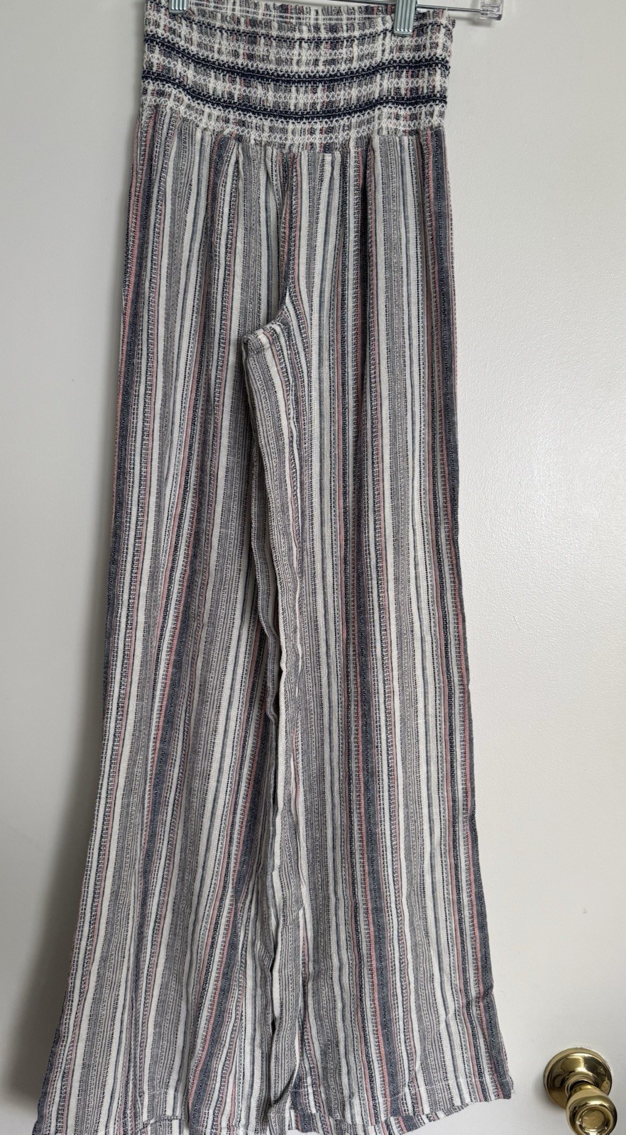 Rewash Women's XS Wide-Leg Striped Linen Rayon Pants White Blue Pink
