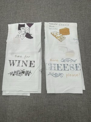 WILLIAMS SONOMA TIME FOR WINE/MORE CHEESE PLEASE FLOUR SACK KITCHEN TOWELS SET/2