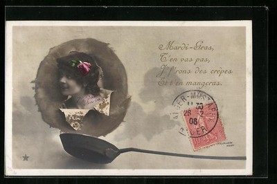 Photo postcard Aryalev: Mardi-Gras, T'en vas pas..., young woman through torn daddy 