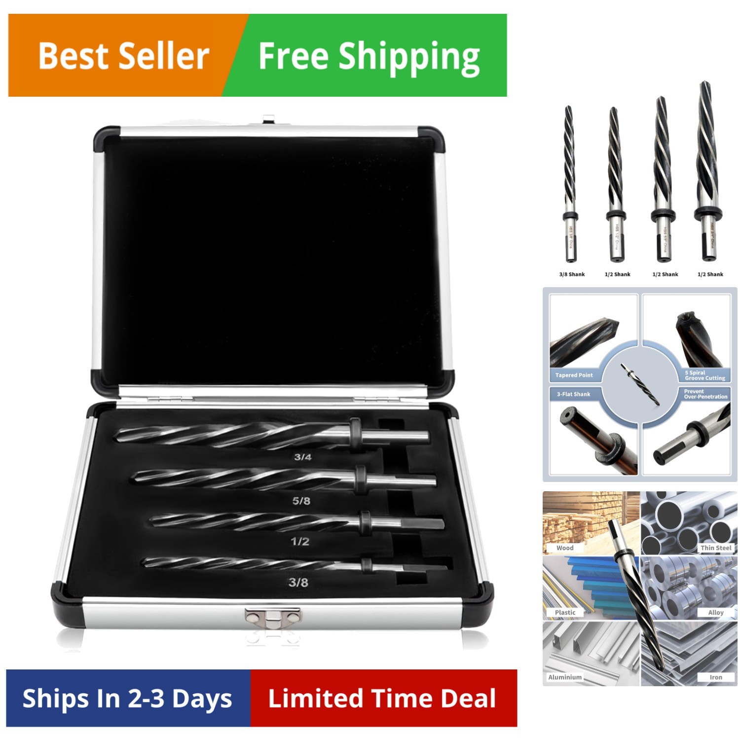 Optional M2 HSS Taper Chucking Reamer Set 4Pcs 3/8 1/2 5/8 3/4 Drill Brid...