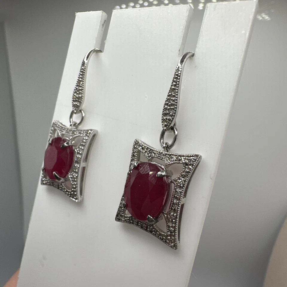 Stunning! Natural Ruby & White Diamond Sterling Silver Dangle Earrings - Image 3 of 4