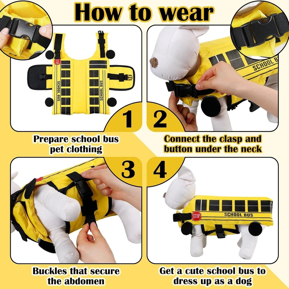 Halloween Autobús Escolar Mascota Disfraz Divertido Perro Amarillo Autobús Escolar Life Jac... Foto 4 de 4