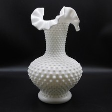 Vintage Fenton White Milk Glass Hobnail Vase With Crimped Ruffled Rim 10 1/2"