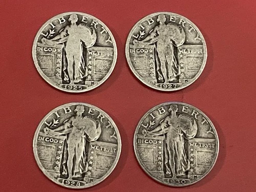 Lot of 4 Standing Liberty Quarters, Circulated 90% Silver 1925, 1927, 1928, 1930