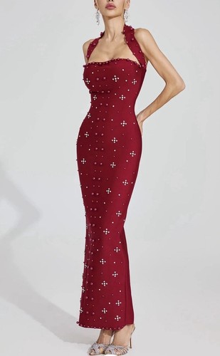 NWT BELLA BARNETT NESYA Pearl Wine Rhinestone Embellished Bandage Elegant Dress