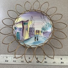 Vintage Wire Framed Plate 10” Hand Painted Rack Holder Stand Urban City Scene