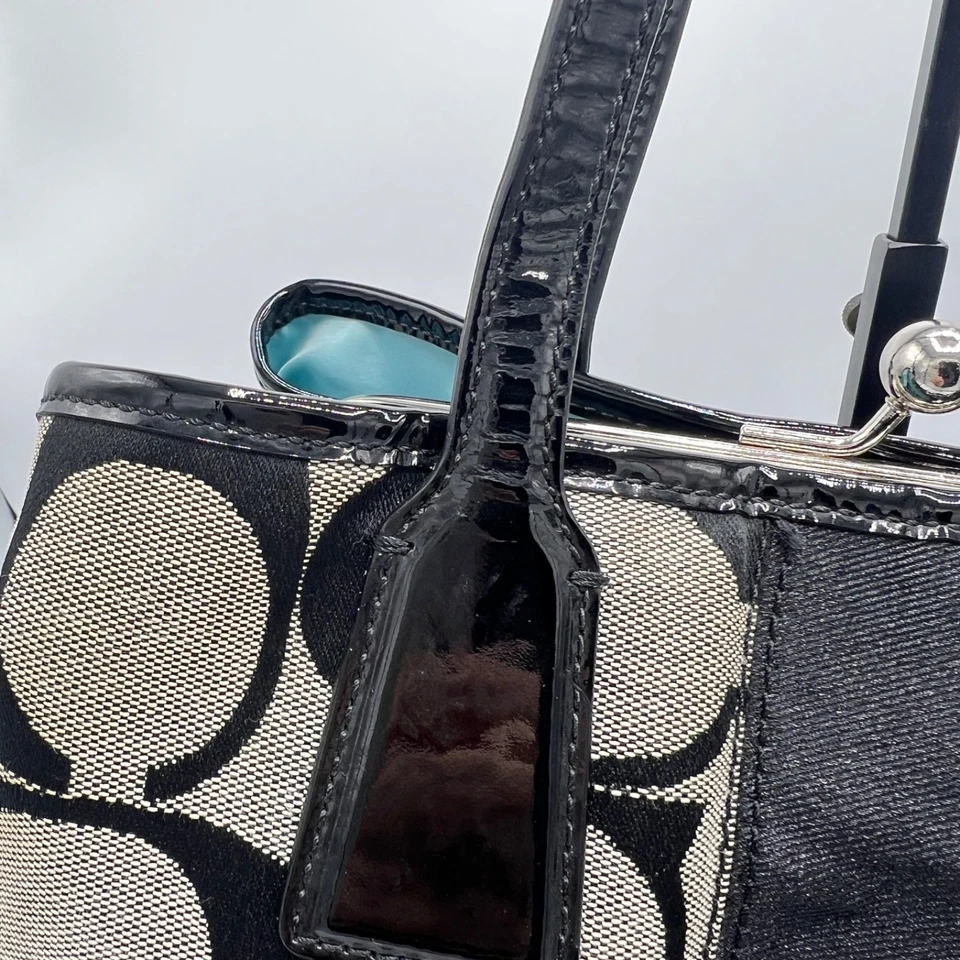 Coach Signature Stripe Framed Carryall Satchel Tote No F13533 Silver Black White - Image 4 of 4