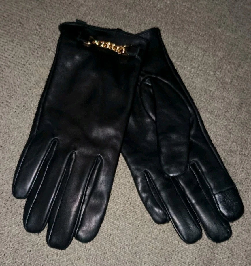 NWOT Talbots Genuine Black Cuir Leather Gloves Size Medium w/ Gold Chains *SOFT*