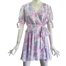 Skies Are Blue Cleo Coquette Puffy Tie Sleeve Floral Jacquard Wrap Dress M NWT