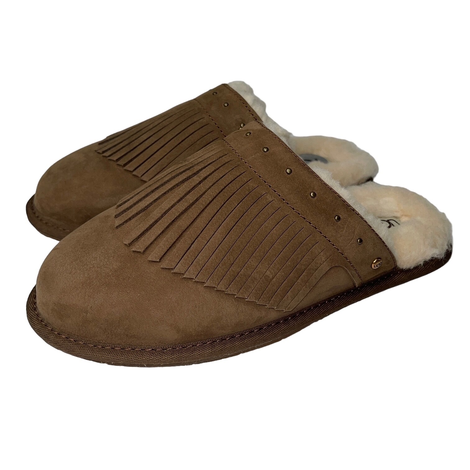 UGG Slippers Women 7 Chestnut Fringe Studs Suede Shearling Wool Slip On Amarina-image