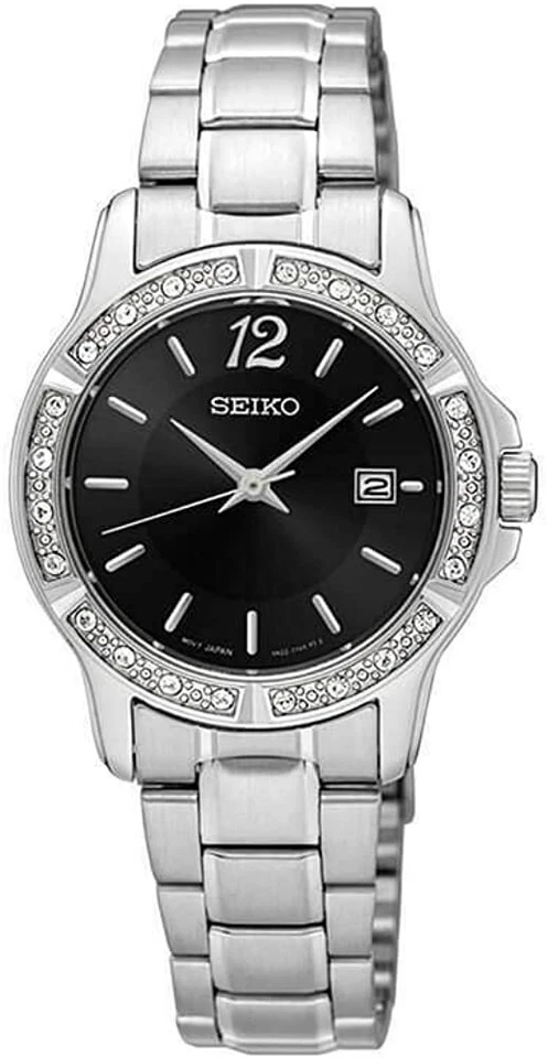 Seiko SUR719 Silver Tone Black Date Dial Swarovski Crystals Womens Dress Watch