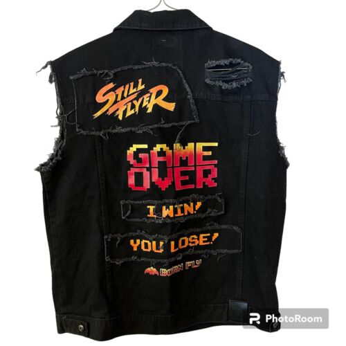 Born Fly Retro Video Game Theme Distressed Denim Vest Men's 2XL Black - Picture 2 of 12