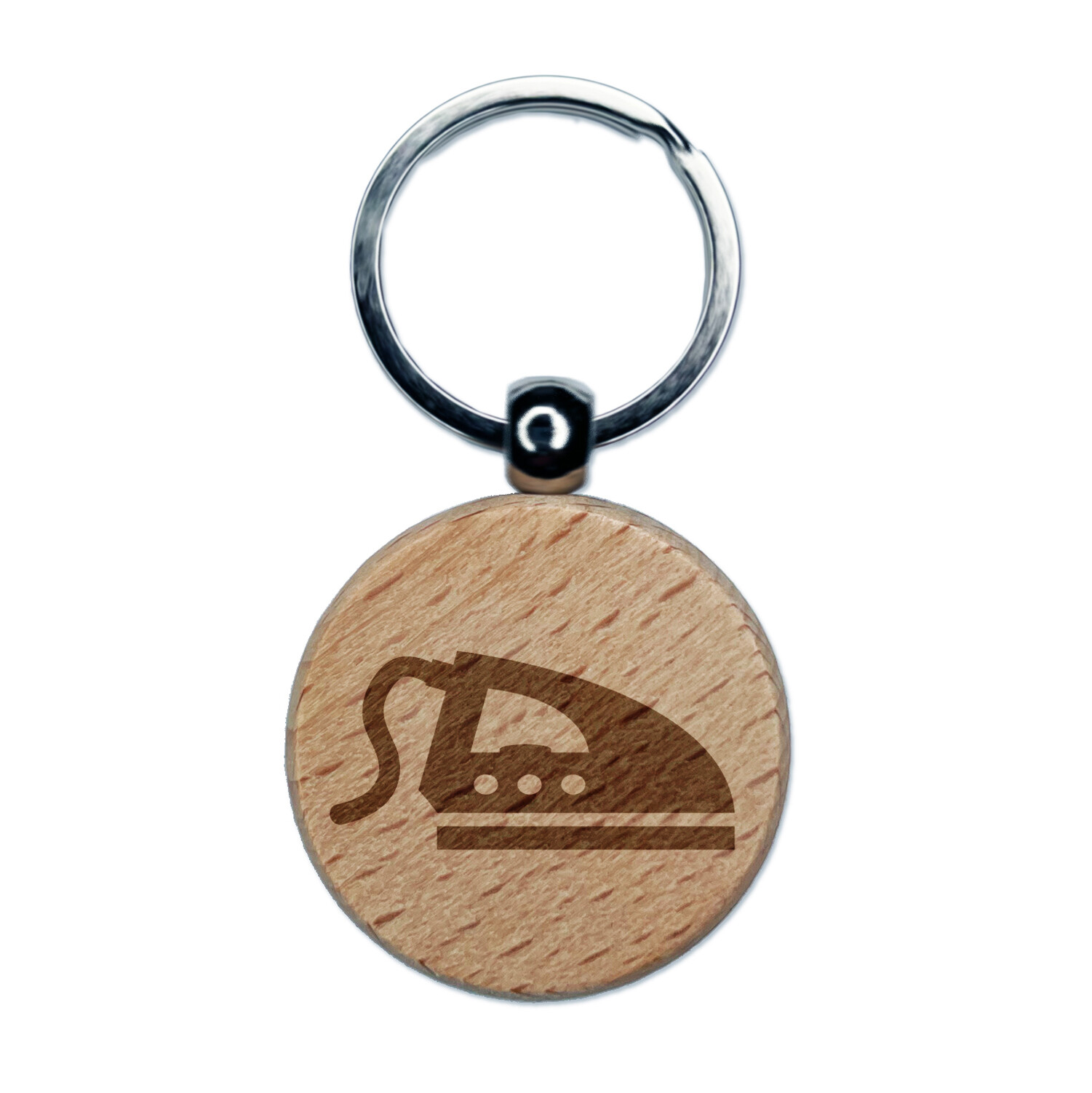 Iron Keychain with Wooden Round Tag and Engraved Ironing Icon  