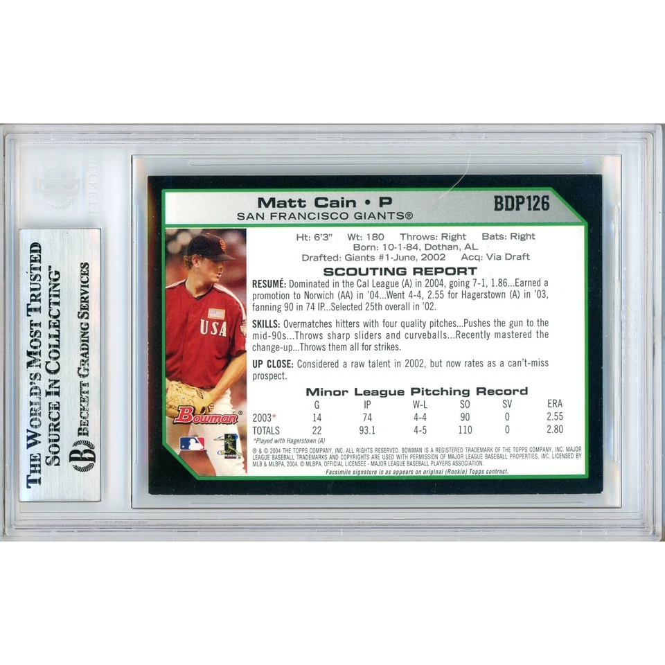 马特·凯恩 签名 2004 年 Bowman 选秀 RC #BDP126 卡 签名 贝克特 SF 巨人 — 第 2/4 张图片