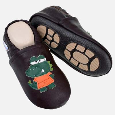 Liya's Leather Slippers with Rubber Sole - #671 Schnappi in Brown