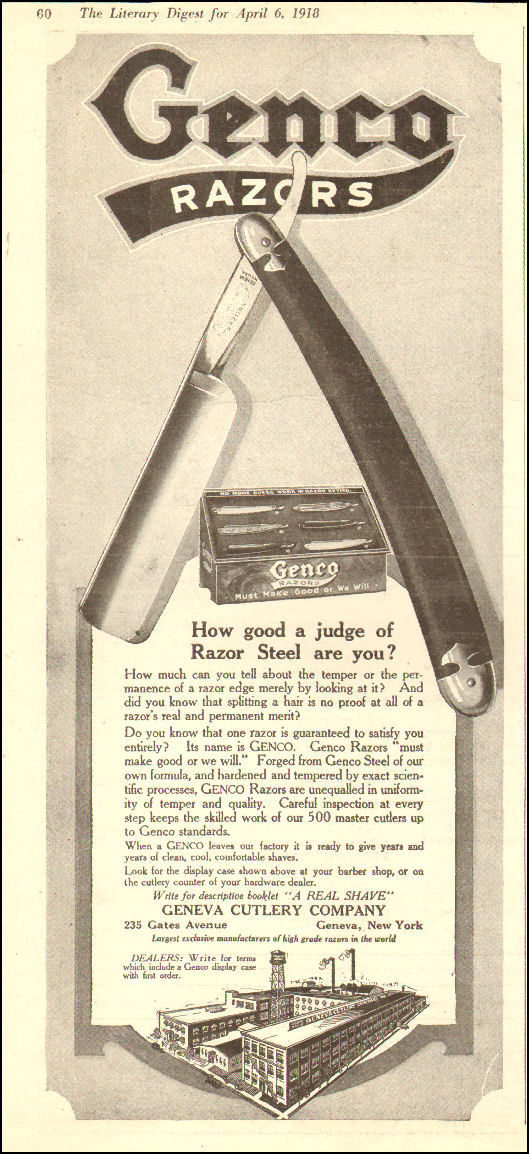 1918 WW1 era shaving AD GENCO Straight Razors , Geneva NY , Rare ...