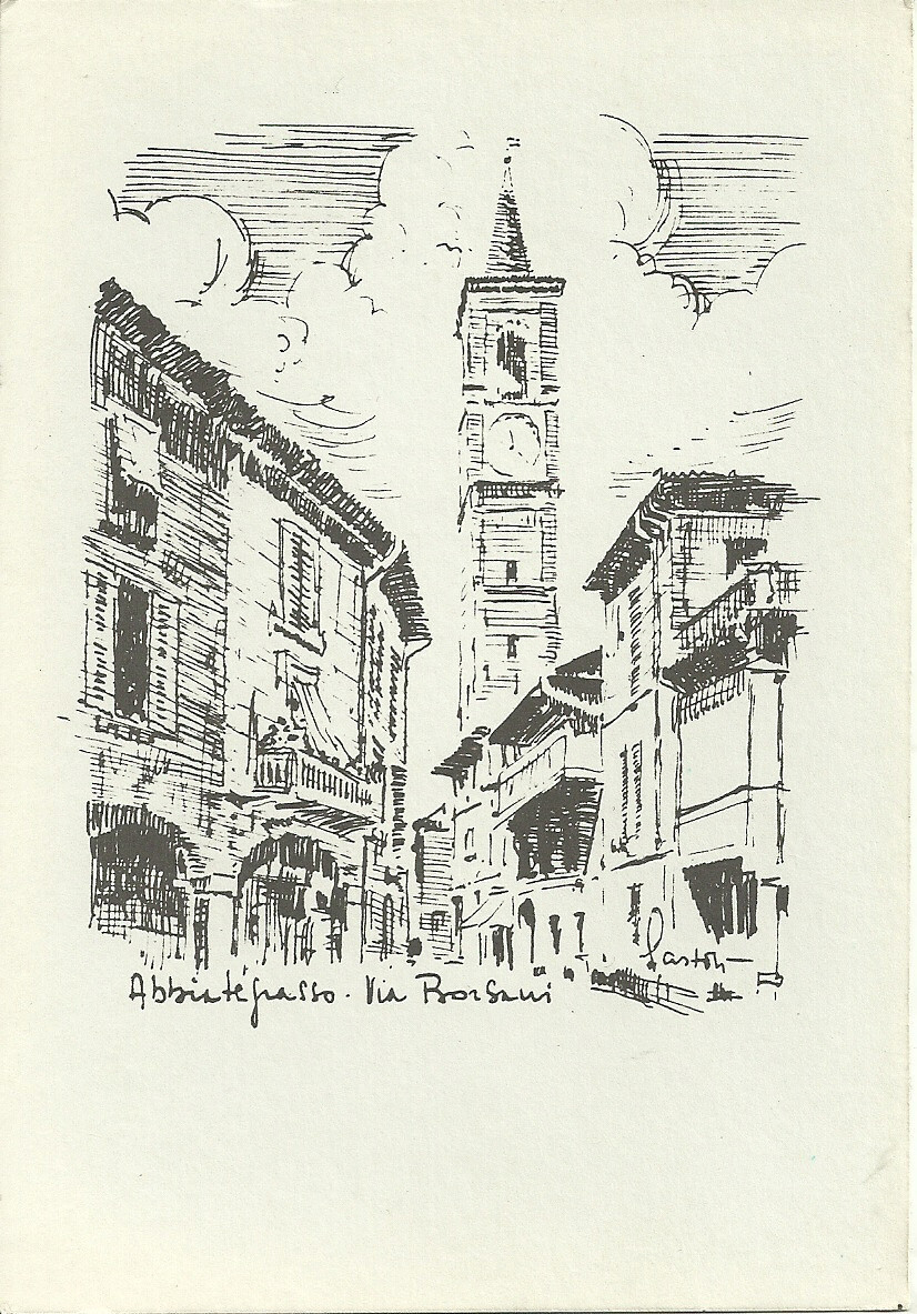 Abbiategrasso, "Via Borsani" Illustr. G.Pastori; P.za Cavour, Grattacielo 2 cart